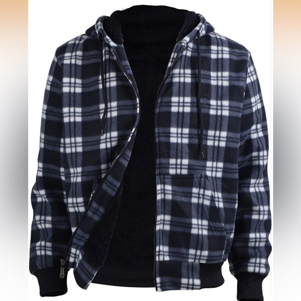 Men’s Flannel Plaid Sherpa Lined Fleece Hoodie Coat Navy Blue 3XL
